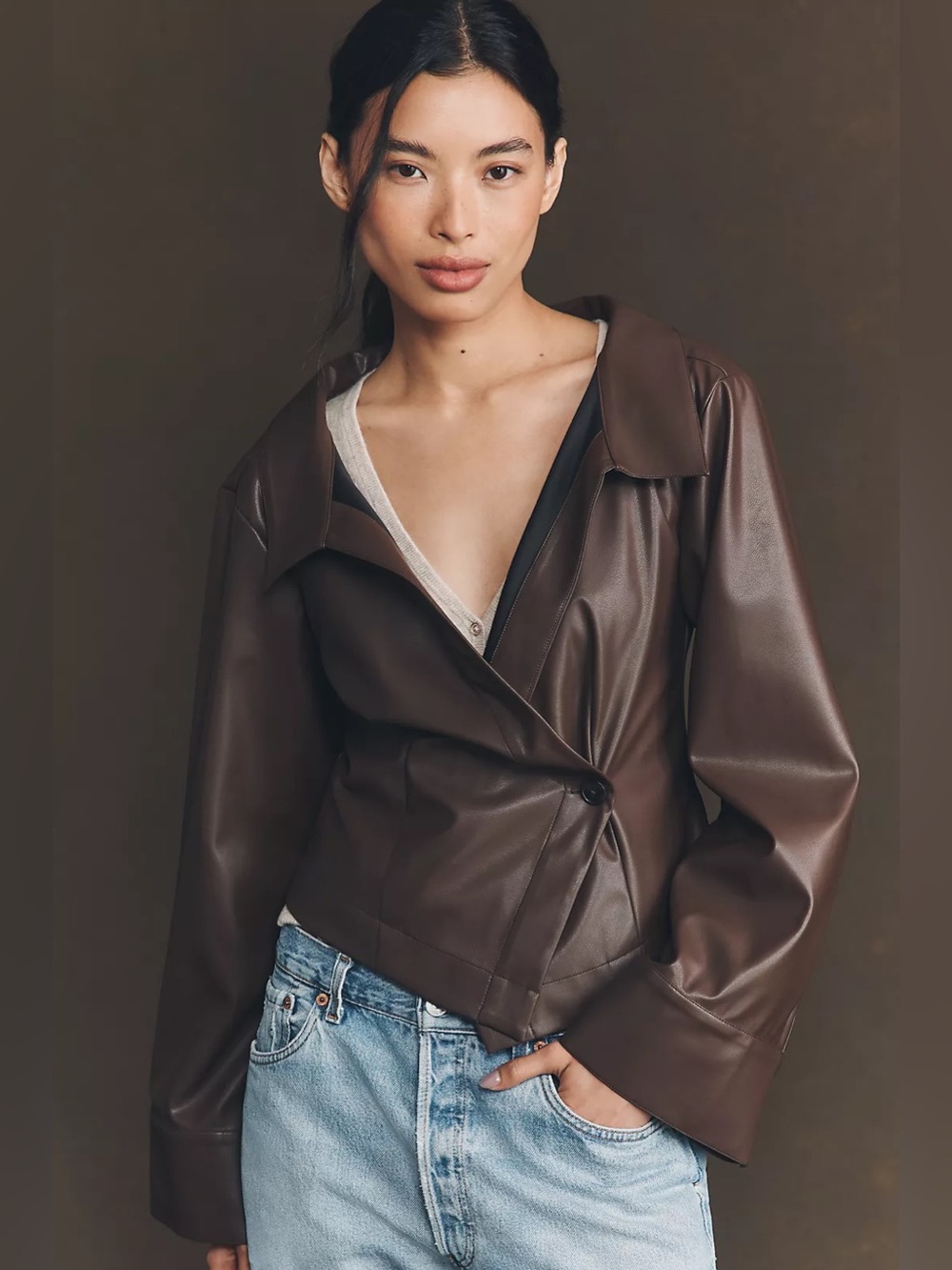 Anthropologie Maeve Faux Leather Brown Cropped Jacket Size XXS NWT Fall Chic 90s